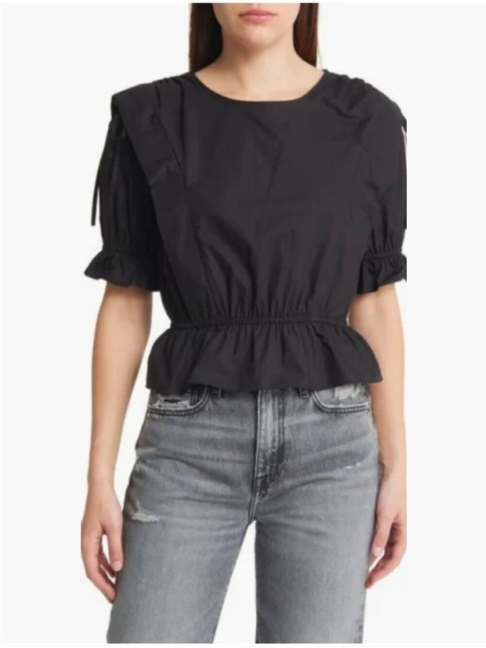 Frame Cinched Short Sleeve Shoulder Tie Blouse Size M Black Ruched Peplum Casual